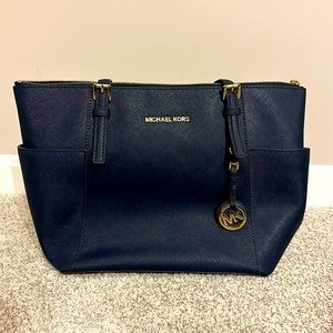 MICHAEL KORS Charlotte Large Leather Top-Zip Navy - Lightly Used